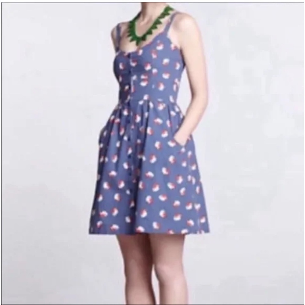 Anthropologie Blue Floral Sundress with Red and White Accents